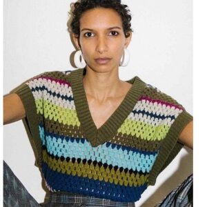 Baum Un Pferdgarten Striped Multicolor open Knit Sweater Vest - Olive Trim